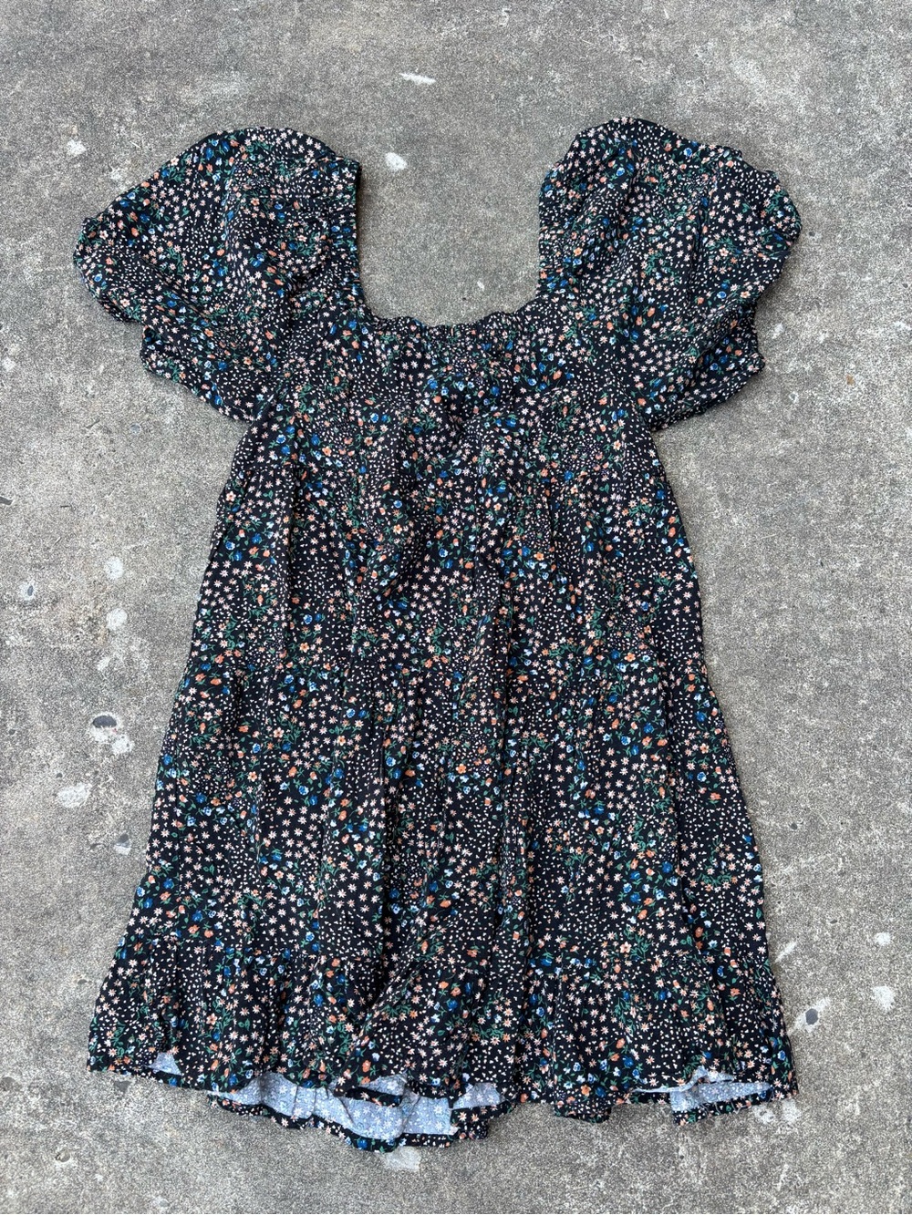 wild fable Black Floral Puff-Sleeve Mini Dress with Blue & Green Accents